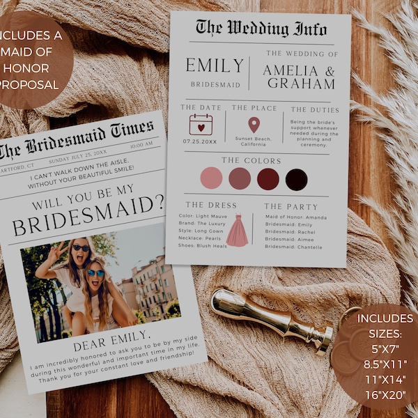 Newspaper Bridesmaid Proposal, Bridesmaid Info Card, Printable Maid Of Honor Proposal, Will You Be My Bridesmaid, Editable Template