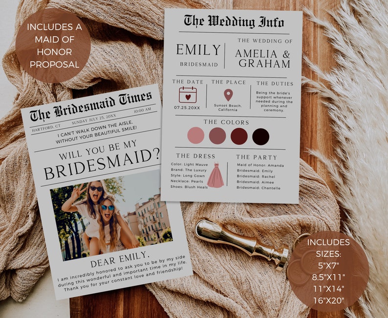 Newspaper Bridesmaid Proposal, Bridesmaid Info Card, Printable Maid Of Honor Proposal, Will You Be My Bridesmaid, Editable Template image 2
