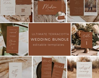 May include: A terracotta wedding bundle with editable templates. The bundle includes a save the date card, wedding invitation, RSVP card, table number card, menu card, gift tag, and a sign that says "Welcome to our unplugged ceremony".