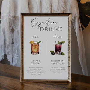 May include: A printable sign with the text "Signature Drinks" and illustrations of two cocktails. The text "his" is above a cocktail with a lemon wheel and the text "hers" is above a cocktail with blackberries. The text below the cocktails lists the ingredients for each drink.