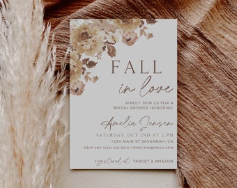 Fall In Love Bridal Shower, Autumn Wedding Shower Invitation Template, Boho Bridal Party Invite, Editable In Canva, Digital Download