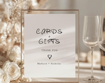 Editierbare Karten und Geschenke Schild, handgeschriebenes Hochzeitsgeschenk Tischschild, vollständig editierbare Canva Vorlage, druckbare handgezeichnete Hochzeit Dusche Schild