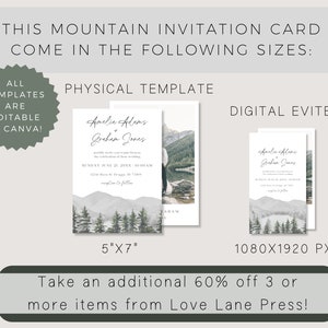 May include: A digital invitation card with a mountain landscape and a lake. The text on the card reads "Amelia Adams & Graham Jones" and "Sunday June 21 20XX 10:00AM". The card is available in two sizes: 5" x 7" and 1080 x 1920 pixels.