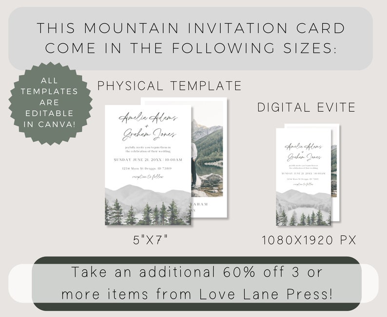May include: A digital invitation card with a mountain landscape and a lake. The text on the card reads "Amelia Adams & Graham Jones" and "Sunday June 21 20XX 10:00AM". The card is available in two sizes: 5" x 7" and 1080 x 1920 pixels.