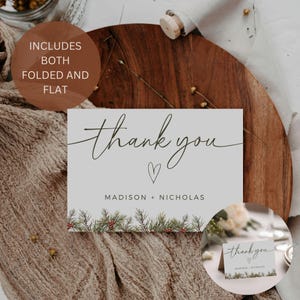 Tarjetas de agradecimiento para bodas navideñas, plegadas y planas, plantilla editable de agradecimiento para eventos festivos, tarjetas de papelería para bodas de invierno imprimibles