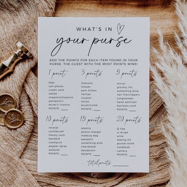 What's In Your Purse Game, Bridal Shower Game Template, Boho Bridal Shower Ideas, Modern Minimalist, Hen Party Activity, Editable Template