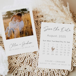 Modèle de calendrier "Retenez cette date", "Retenez cette date" minimaliste avec photo, "Retenez cette date" pour mariage, carte "Retenez cette date" imprimable, modifiable sur Canva
