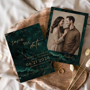 Emerald Green Save The Date With Photo, Printable Green And Gold Wedding Stationery, Fully Editable DIY Canva Template, Wedding Announcement