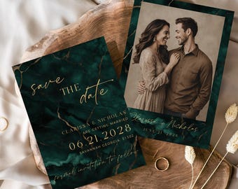 Emerald Green Save The Date With Photo, Printable Green And Gold Wedding Stationery, Fully Editable DIY Canva Template, Wedding Announcement