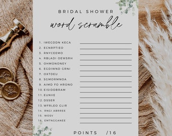 Greenery Bridal Shower Word Scramble, Fully Editable Template, Boho Printable Bridal Shower Game, Modern Minimalist, Editable In Canva