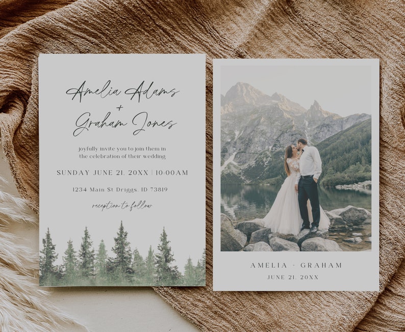 Pine Wedding Invitation Suite, Forest Wedding Invitation Template, Pine Tree Wedding Stationary, Outdoor Wedding Invite, Summer Wedding image 3