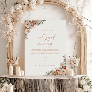 Bearbeitbares Unplugged-Zeremonie-Zeichen, Boho-Herbsthochzeit Willkommens-Canva-Vorlage, Herbstblumen-Zeichen ohne Telefone, druckbare Zeremonie-Posterdekoration