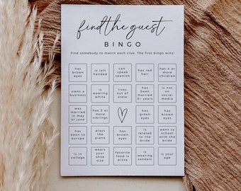 Find The Guest Bingo, Modern Minimalist Bridal Bingo, Editable Template, Digital Download, Bridal Shower Game, Boho Printable Game