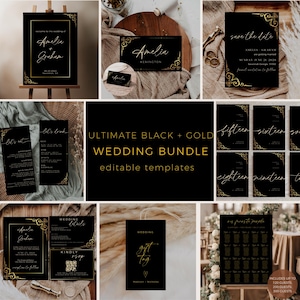 Op de afbeelding: Een zwarte en gouden bruiloft uitnodigingsbundel met bewerkbare sjablonen. De bundel bevat een save the date kaart, een huwelijksuitnodiging, een RSVP kaart, een zitplaatskaart en meer. De tekst op de kaarten luidt "Amelia & Graham" en "Ultimate Black + Gold Wedding Bundle".