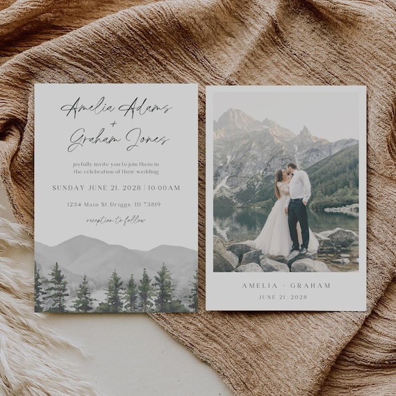 Mountain Wedding Invitation Template With Photo, Rustic Misty Forest Wedding, Printable Summer Wedding Invite, Bohemian Wedding Stationary