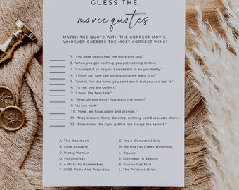 Minimalist Wedding Movie Quotes Game, Bridal Shower Game, Match The Movie Quote, Bridal Shower Ideas, Editable Template, Printable Game