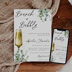 Brunch And Bubbly Bridal Shower Invitation, Bridal Brunch Invitation, Boho Bridal Shower Invitation Template, Printable Greenery Invitation