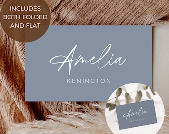 Dusty Blue Name Card Template, Bohemian Wedding Place Card Template, Printable Name Cards, Minimalist Place Card Template, Edit In Canva