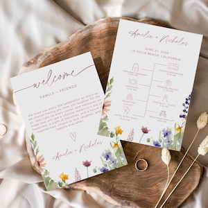 Wildflower Spring Wedding Itinerary, Floral Welcome Bag Note, Editable Canva Template, Printable Flower Wedding Timeline Card With Icons
