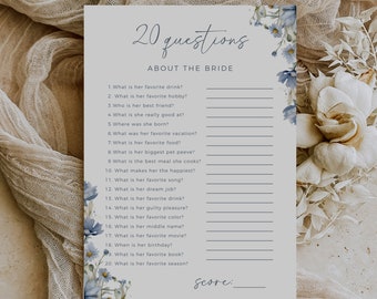 20 Questions About The Bride Dusty Blue Floral Game, Printable Bridal Shower Game, Editable Template, Who Knows The Bride Best