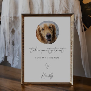 Minimalistyczny znak na upominek ślubny, upominek ślubny dla psa, szablon edytowalny, nowoczesny minimalistyczny, znak na wesele boho, Take A Pawty Treat