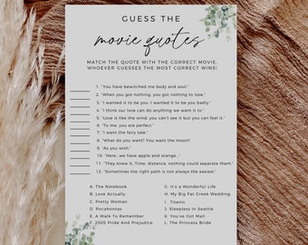 Wedding Movie Quotes Game, Modern Minimalist, Printable Bridal Shower Game, Match The Movie Quote, Bridal Shower Ideas, Editable Template