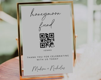 Minimalistisches Honeymoon Fund Zeichen, QR Code Zeichen, Boho Hochzeitsschild, modernes Hochzeitsdekor, Venmo QR Code Zeichen, bearbeitbare Vorlage