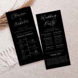 May include: Black and white wedding schedule and party information card with a modern calligraphy font. The card includes the wedding ceremony, luncheon, reception, and after party schedule. The party information includes the officiant, maid of honor, bridesmaids, groomsmen, best man, ring bearer, and flower girl. The card also includes a thank you message to guests.