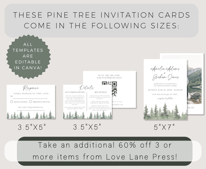 Pine Wedding Invitation Suite, Forest Wedding Invitation Template, Pine Tree Wedding Stationary, Outdoor Wedding Invite, Summer Wedding image 5