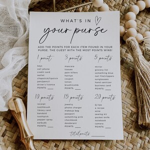 Was ist in Ihrer Geldbörse Spiel, Brautparty Spiel Vorlage, Boho Brautdusche Ideen, modern minimalistisch, Hen Party Aktivität, bearbeitbare Vorlage Bild 4