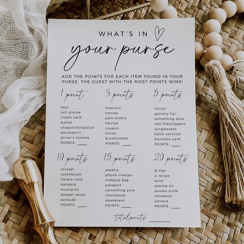 Was ist in Ihrer Geldbörse Spiel, Brautparty Spiel Vorlage, Boho Brautdusche Ideen, modern minimalistisch, Hen Party Aktivität, bearbeitbare Vorlage Bild 4