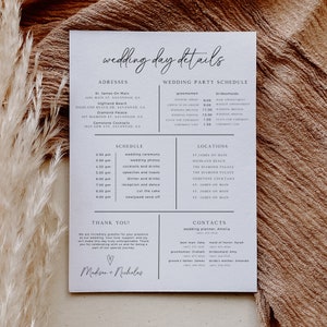Plantilla de línea de tiempo del día de la boda, tarjeta minimalista de detalles de la boda, calendario de ceremonias, itinerario de la boda, descarga instantánea, editable en Canva