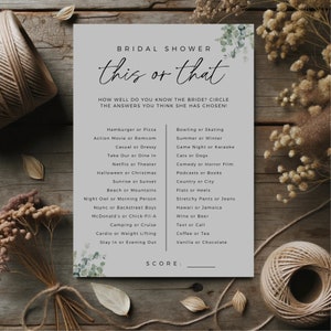 Greenery This Or That Game, Would She Rather, Printable Bridal Shower Game, Fully Editable Template, Modern Minimalist, Instant Download image 5