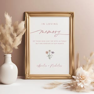 May include: A framed sign with the text "IN LOVING Memory OF THOSE WHO CAN'T BE WITH US TODAY BUT ARE FOREVER IN OUR HEARTS Amelia + Nicholas" with a floral illustration.