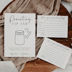 Conjunto de carteles y tarjetas de consejos para baby shower, tarro de consejos para padres, juego de baby shower imprimible, minimalista moderno, plantilla de tarjetas de consejos para bebés