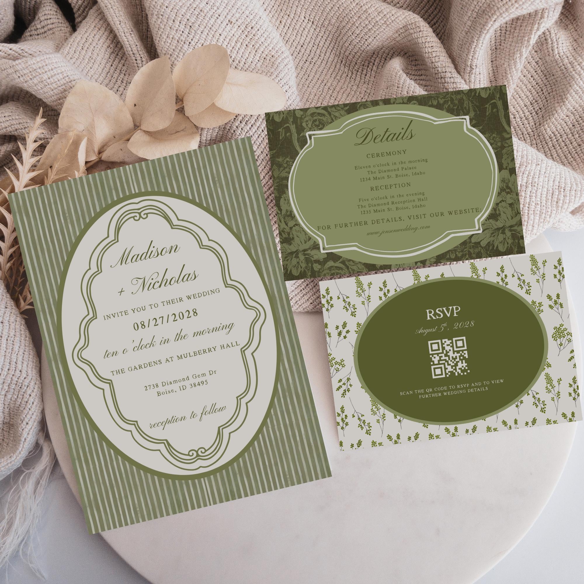 Vintage Sage Green Wedding Invitation Suite, Fully Editable DIY Canva ...