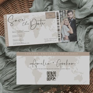 Plantilla para guardar la fecha de la tarjeta de embarque para bodas en destinos, boleto para guardar la fecha de viaje con foto, plantilla única y divertida para guardar la fecha, plantilla Canva