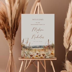 Herbst Wildblumen Verlobungsfeier Willkommensschild, vollständig bearbeitbare Vorlage, druckbare Hochzeitsbeschilderung, Boho Herbst Verlobungsfeier Dekor