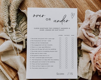 Peut inclure: Un jeu de mariage imprimable intitulé "over or under" avec 15 questions sur la mariée et le marié. Les joueurs doivent deviner si la réponse à chaque question est supérieure, inférieure ou juste.