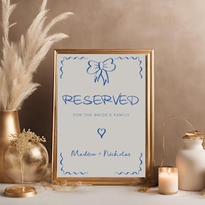Blue Hand Drawn Reserved Table Sign Wedding, Fully Editable DIY Canva Template, Whimsical Vintage Wedding Signage, Wavy Retro Reserved Decor