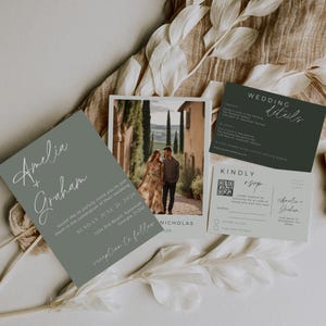 Salbeigrüne Hochzeitseinladung, bearbeitbare Vorlage, Hochzeitseinladungsvorlage mit Foto, druckbare Hochzeitseinladungsreihe, Hochzeitseinladung