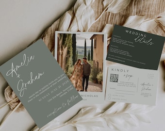 Sage Green Wedding Invitation, Editable Template, Wedding Invitation Template With Photo, Printable Wedding Invite Suite, Wedding Stationary