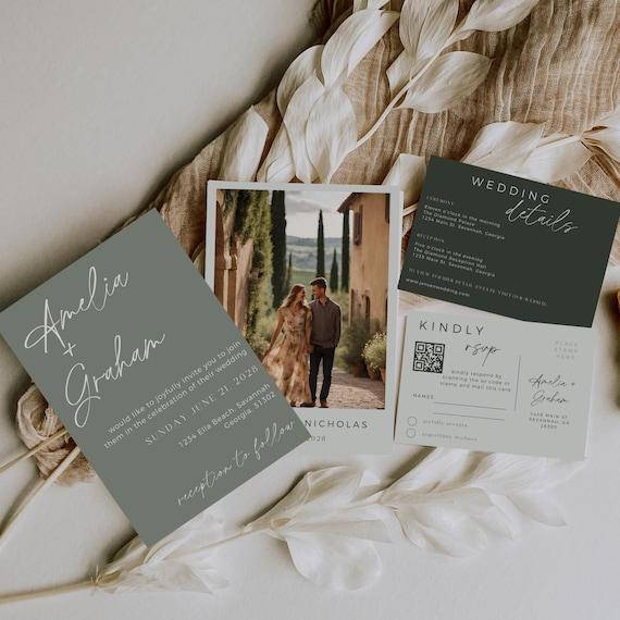 Sage Green Wedding Invitation, Editable Template, Wedding Invitation Template With Photo, Printable Wedding Invite Suite, Wedding Stationary