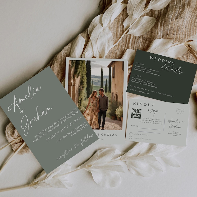 May include: A green wedding invitation with white text that reads "Amelia + Graham" and details about the wedding ceremony and reception. A photo of a couple in a European city is included. The invitation also includes a QR code for RSVP.