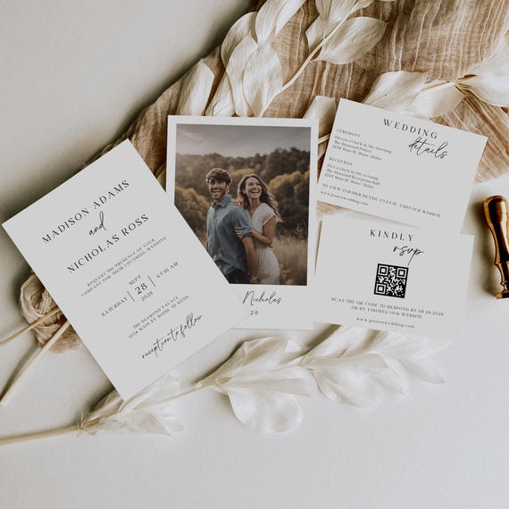 Elegant Minimalist Wedding Invitation Suite With Photo, Fully Editable DIY Canva Template, Printable Wedding Stationery, Invite Set Bundle