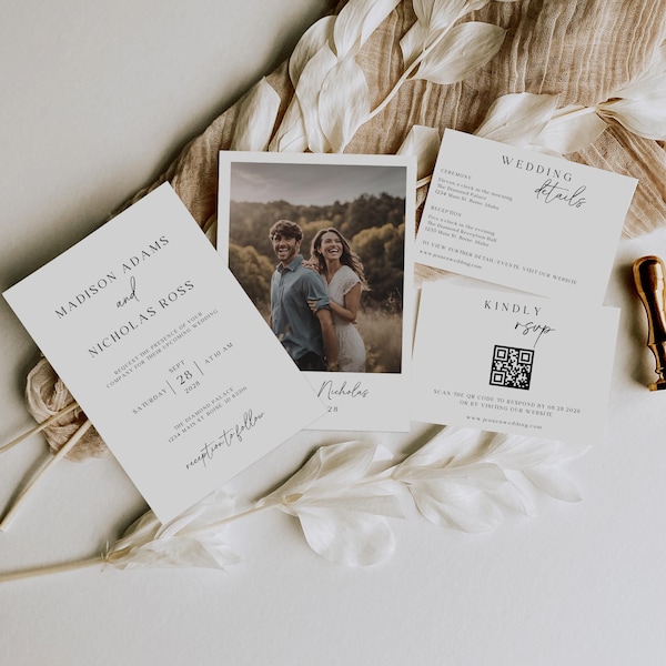 Elegant Minimalist Wedding Invitation Suite With Photo, Fully Editable DIY Canva Template, Printable Wedding Stationery, Invite Set Bundle