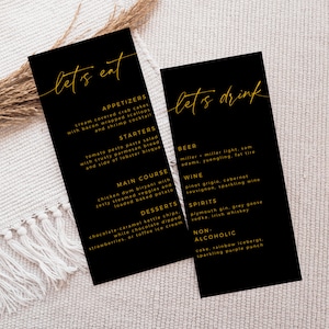 Modelo de menu de casamento preto e dourado, menu de bar de casamento para impressão, conjunto de menu de jantar e bebida, jantar de ensaio, cartões de menu de casamento Boho