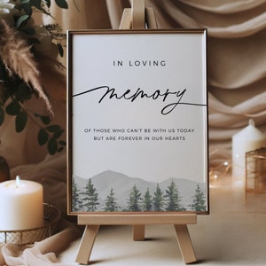 Letrero conmemorativo de boda en la montaña, plantilla editable, letrero minimalista de "In Loved Memory", letrero de boda boho, letrero de mesa de recuerdos, descarga instantánea