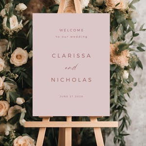 Panneau de bienvenue de mariage rose blush, modèle de toile entièrement modifiable, plaque d'entrée de mariage rose poudré clair, téléchargement immédiat, signalétique personnalisée bricolage