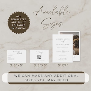 May include: Three different sizes of wedding invitation templates are shown. The templates are white with black text and are available in 3.5 inches by 5 inches, 3.5 inches by 5 inches, and 5 inches by 7 inches. The text on the templates reads "Wedding Details", "Kindly RSVP", and "Madison Adams and Nicholas Ross". The text also includes the date "Saturday, 28th, 4:00 AM". The text "We can make any additional sizes you may need" is also shown.